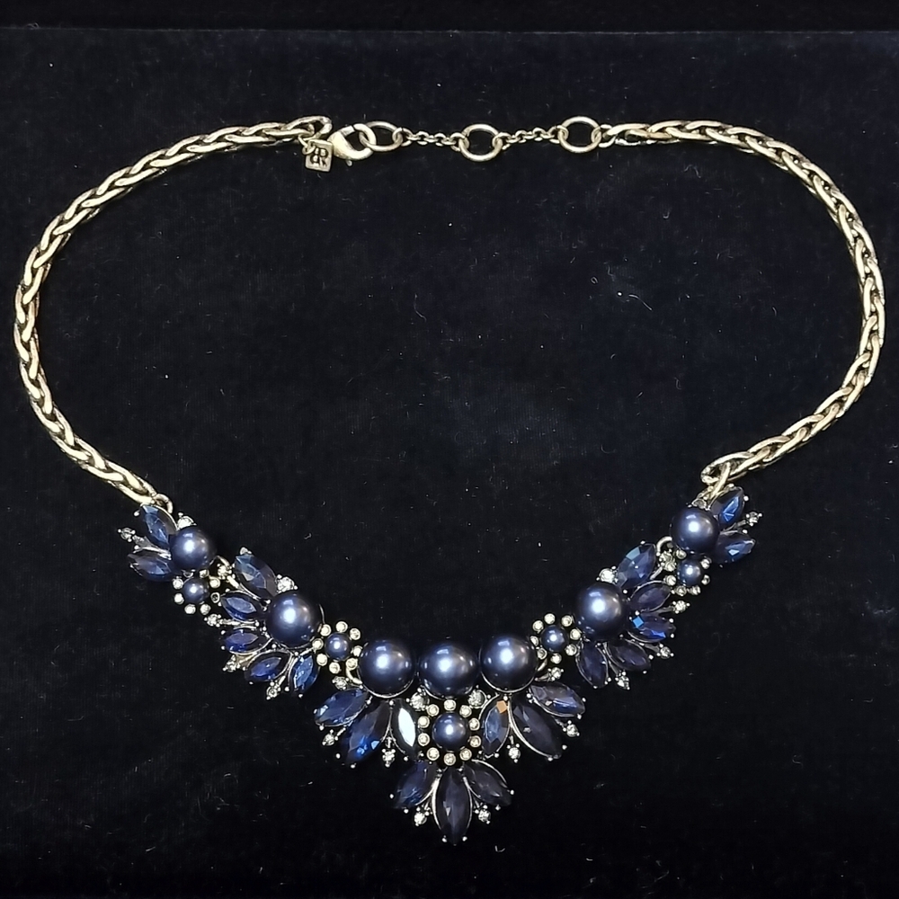 Banana Republic Navy & Antique Gold Rhinestone Pearl Statement Necklace 18-20"
